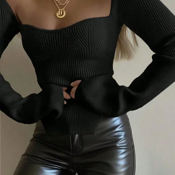 Black Casual Women's Ribbed Knit Top - Picture 1 of 5
